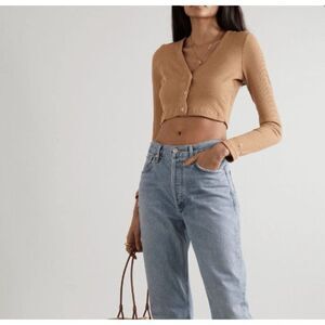 NEW! LESET Ali Cardigan Rib Knit V-Neck Crop in Dune (Camel) Size Large